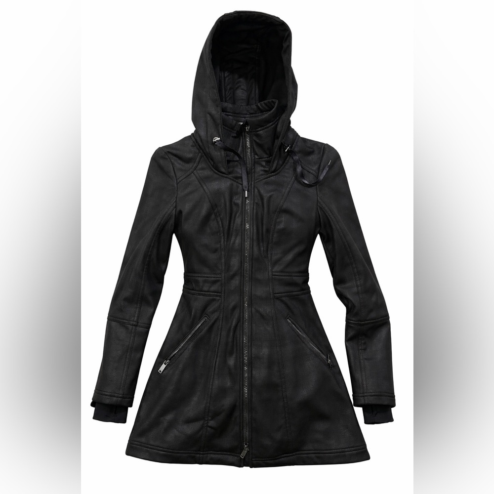 Zella XS. Elegant Black Leather Hooded Jacket